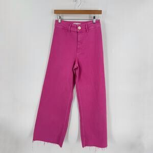 Zara Marine Straight Wide Leg Jeans Pink Raw Hem High Rise Denim Size 6